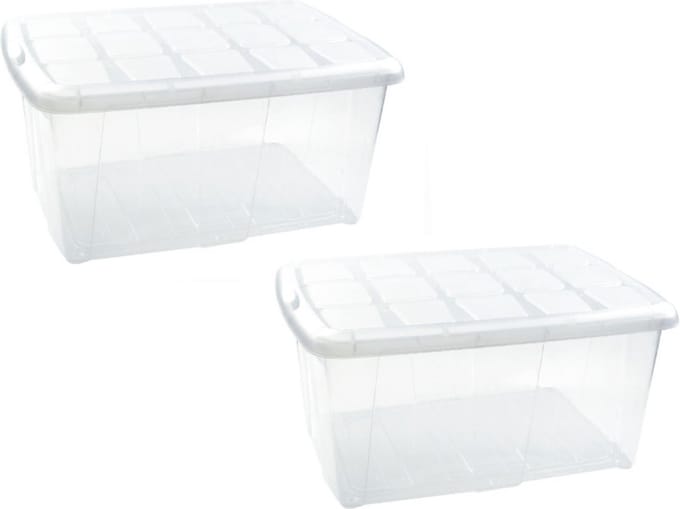 Plasticforte opslagbak organizers met deksel - 2x - transparant/wit - 60 liter - kunststof