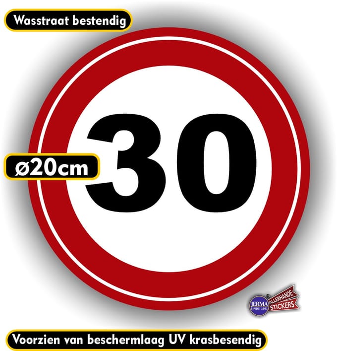 Jerma - Maximumsnelheid - 30 km/h - Sticker - Ø 20 cm - Zelfklevend - Vinyl - Weerbestendig - Krasvrij