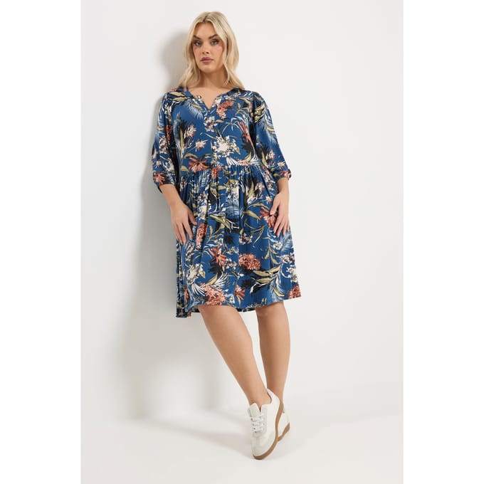 Yours Blauwe Wikkeljurk Met Bloemenprint Size 46