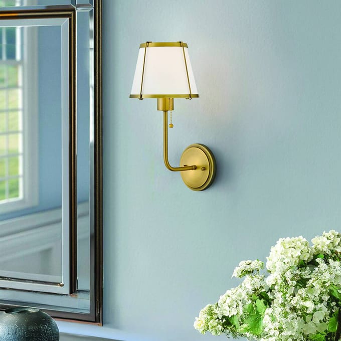 HINKLEY Wandlamp Clarke 1, messing/beige, linnen, staal
