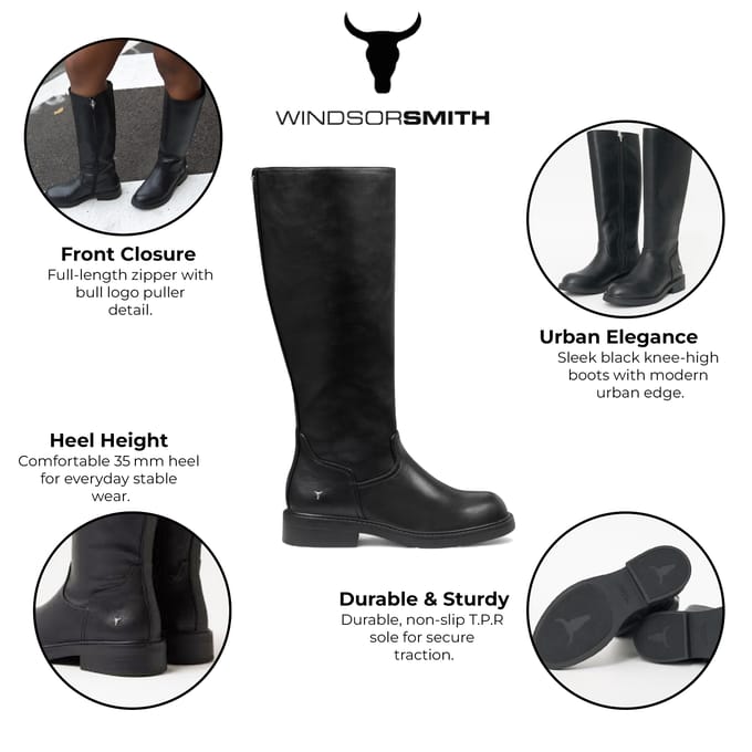 Windsorsmith Dames Zwarte Fuax Leren Kniehoge Laarzen - Zegen