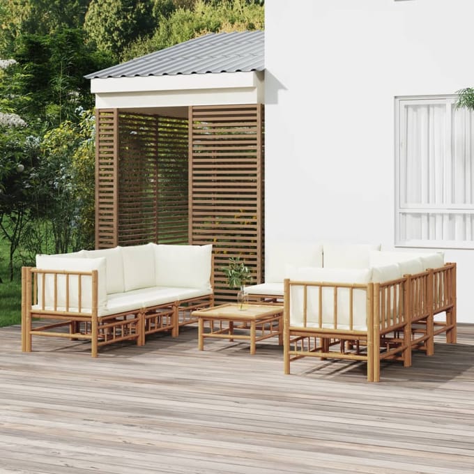 vidaXL - 9-delige - Loungeset - met - kussens - bamboe - crèmewit