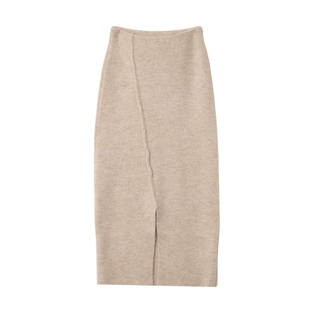 Beige fijngebreide wolmix lange rok Nastia - Grace & Mila