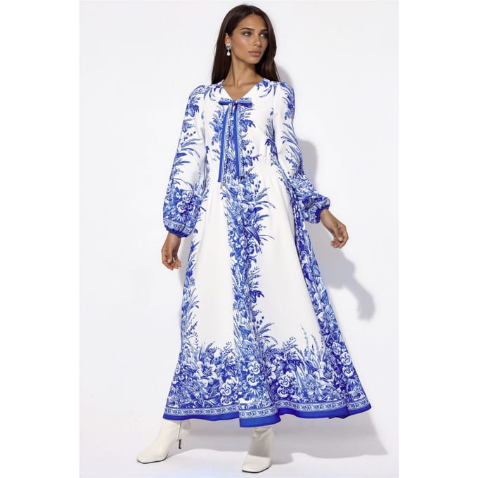 Gedrukte V-hals Maxi Jurk met Strikdetail