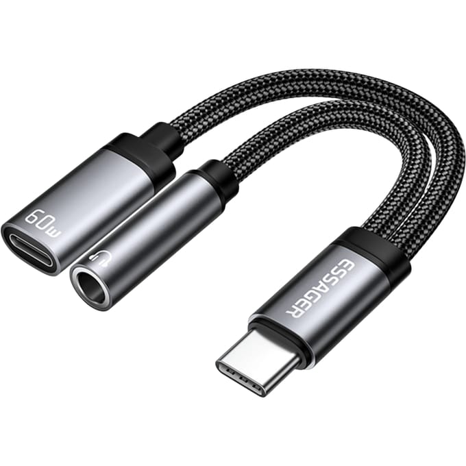 Essager USB-C naar USB-C + 3.5mm Adapter Kabel met 60W Oplader Zwart