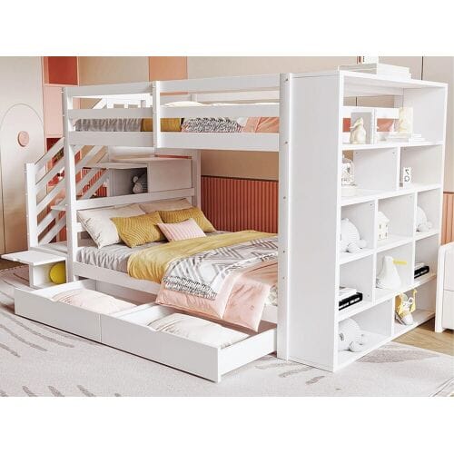 ModernLuxe Houten stapelbed 90x200cm - met 2 lades & boekenkast - Wit