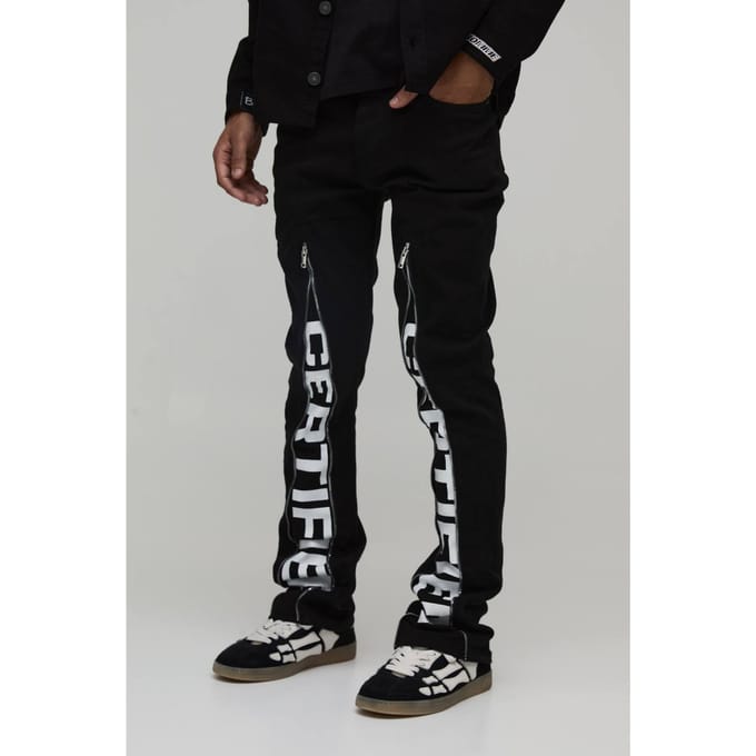 Slim Stacked Flare Zip Gusset Print Trouser | Black | Size 48