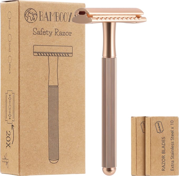 Bambooya Safety Razor met extra lang handvat + 20 scheermesjes - Scheermesjes voor vrouwen dames - Gold - Double Edge Single Blade - Zero Waste scheren | Duurzaam Scheermesje