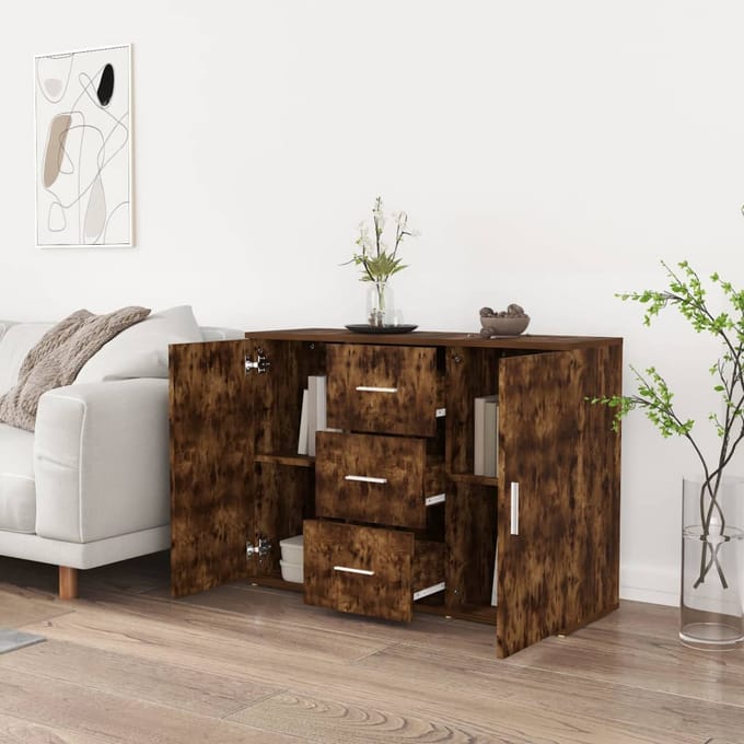 vidaXL - Dressoir - 91x29,5x65 - cm - bewerkt - hout - gerookt - eikenkleurig