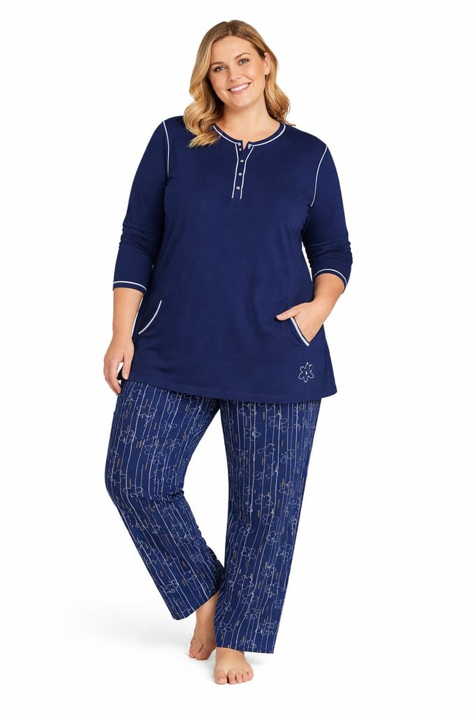Normann Dames pyjama 100% katoen Navy - maat 3XL (56/58)