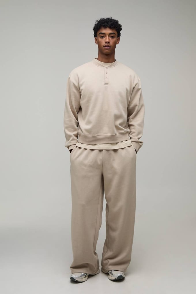 Oversized Boxy Henley Sweatshirt En Wijde Pijpen Joggingbroek | Stone | Size Medium