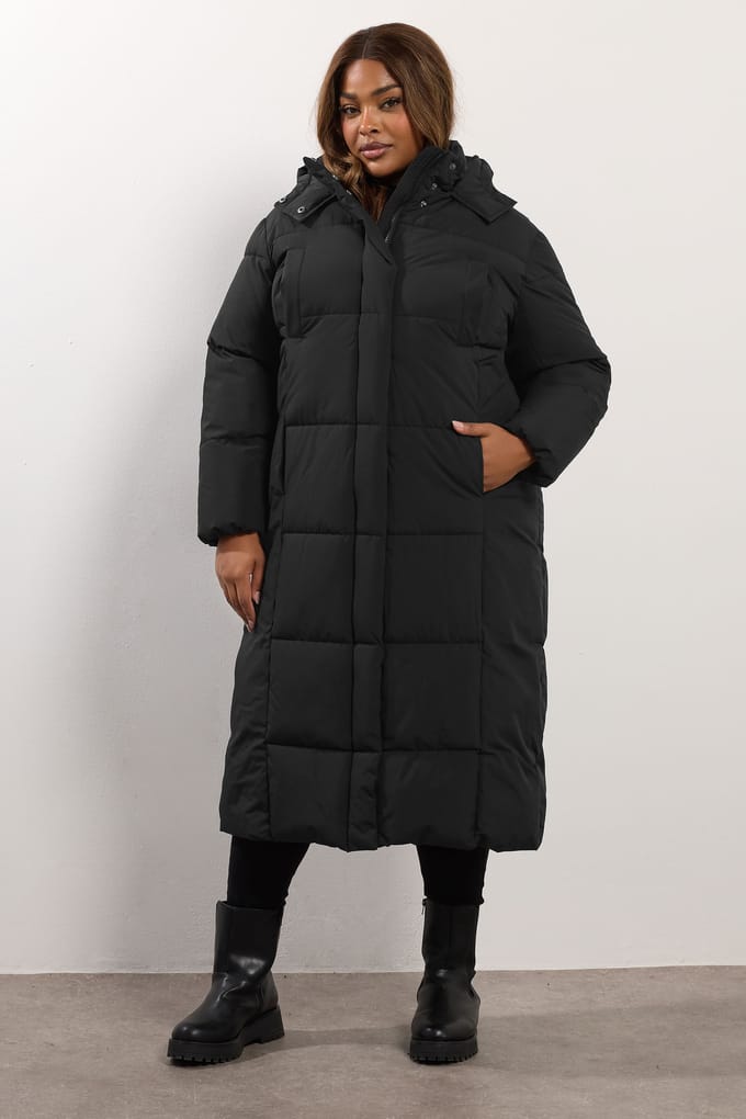 Yours Zwarte Midaxi Gewatteerde Jas Size 48