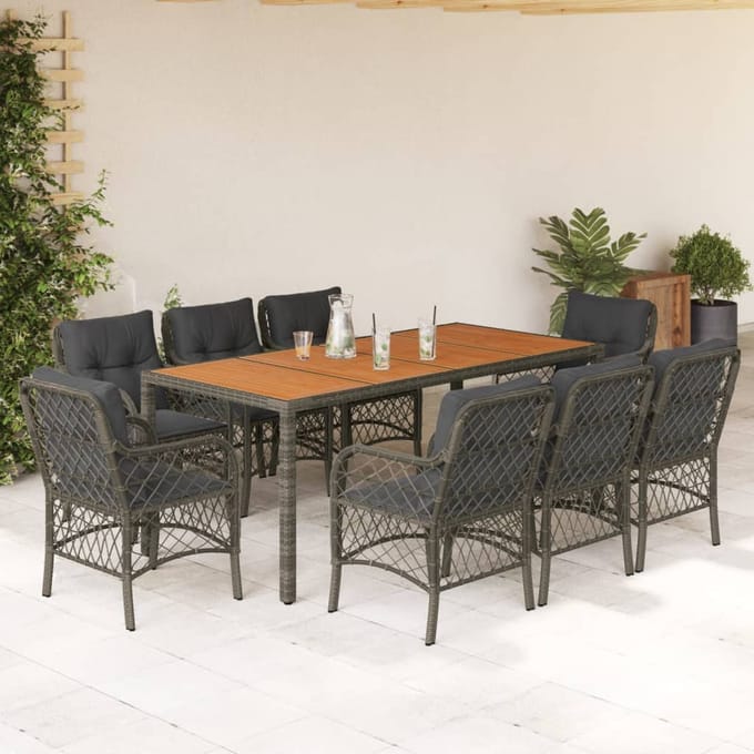 vidaXL - 9-delige - Tuinset - met - kussens - poly - rattan - grijs