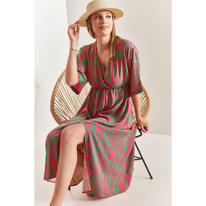 Geprinte V-hals Midi-jurk met Split