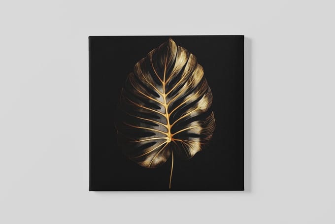Vierkant Canvas Schilderij - Blad - Goud - Zwart - Wall Art - 100x100x2 cm