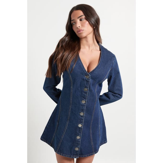 boohoo Dames Petite Flare Mini Jurk met Lange Mouwen | Indigo | Maat: 40