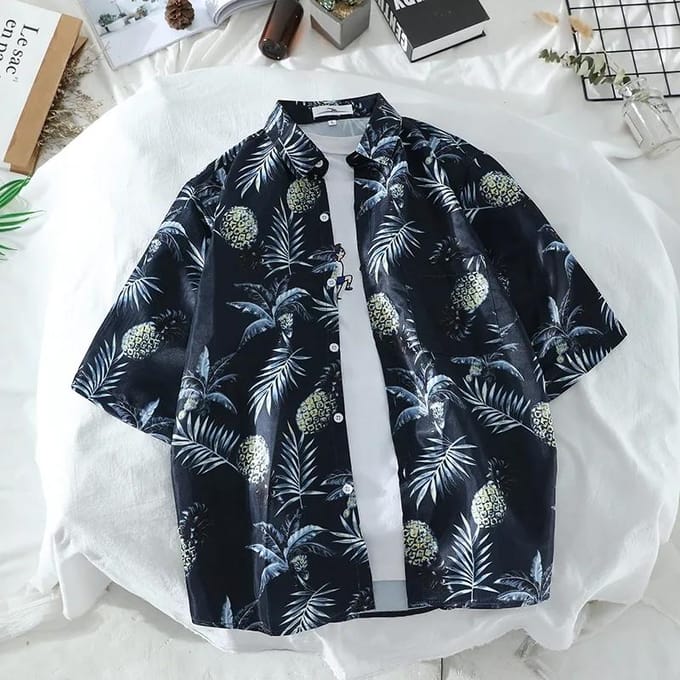 Chemise d'été à manches courtes vintage ample vacances fleur chemise plage style couple M black