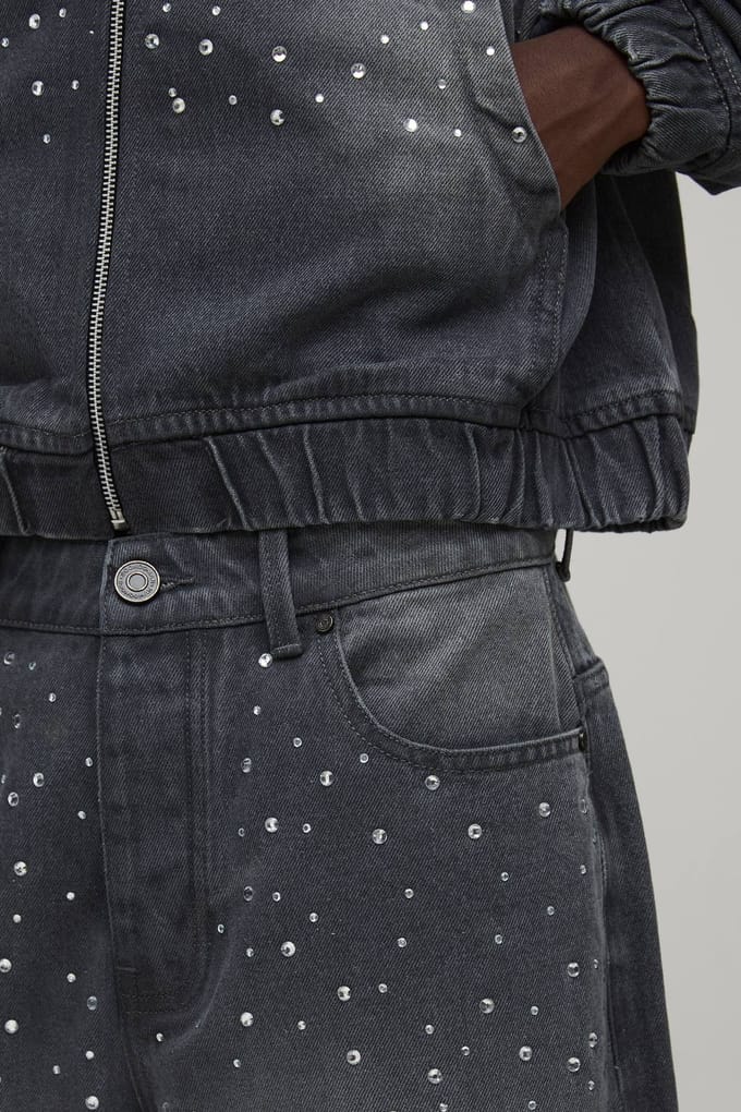 Gewassen Denim Jorts Met Strass En Verlengde Pasvorm | Grey | Size 42
