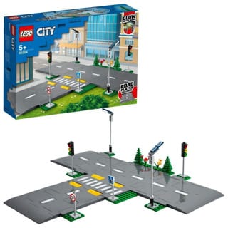 LEGO® City Wegplaten 60304 bouwset; bouwbare speelgoedweg; maak de wegplaten vast aan je stad om deze uit te breiden; met lantaarnpalen, stoplichten, verkeersborden, bomen en planten, verkeersdrempels en een zebrapad (112 onderdelen)