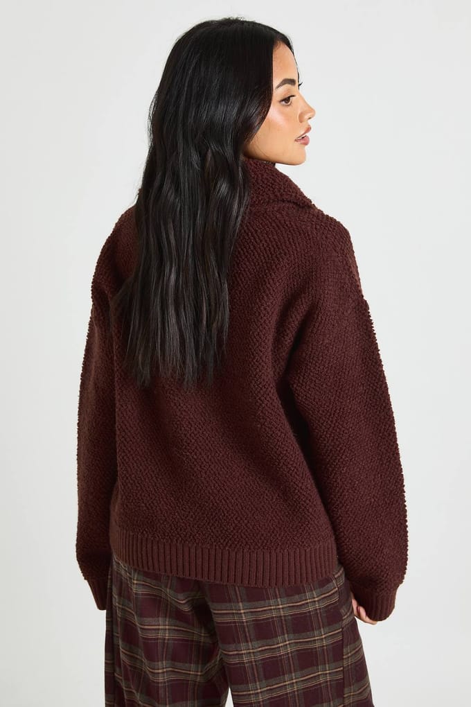 boohoo Dames Chunky boucle gebreide trui met ritssluiting | Chocolate | Maat: Small