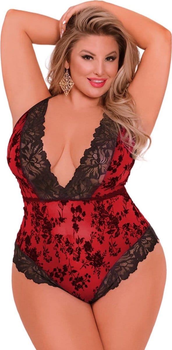 Sexy Body Zwart/Rood gebloemd Promised  Plussize 5XL