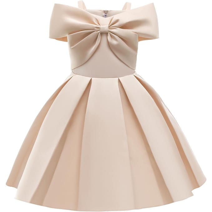 Nieuwe kinderprinsesjurk Effen kleur Off-shoulder kinderjurk 100cm champagne
