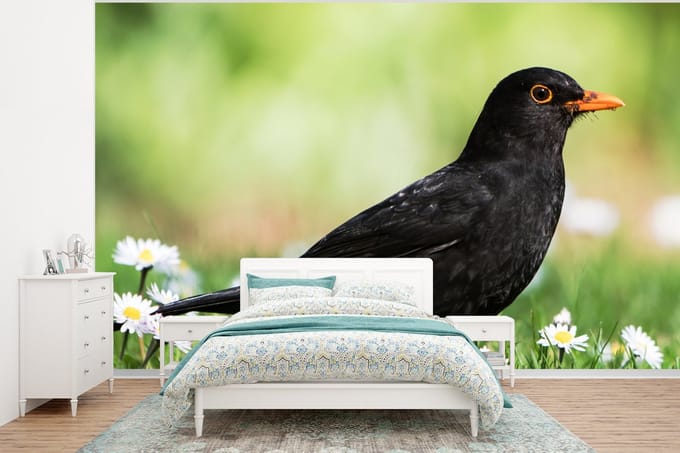 Behang - Fotobehang Vogel - Merel - Bloemen - Breedte 295 cm x hoogte 220 cm