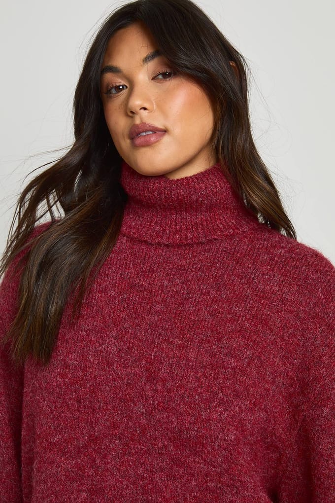 boohoo Dames Zachte gebreide oversized rollhals trui | Burgundy | Maat: Medium