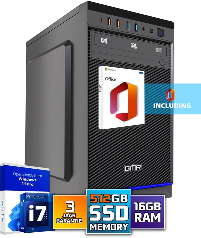 Intel Ultra Compleet Desktop PC | Intel Core i7 | 16 GB RAM | 512GB SSD M.2 | DVD+RW | Windows 11 Pro | Business Office Multimedia Computer | Inclusief Microsoft Office!