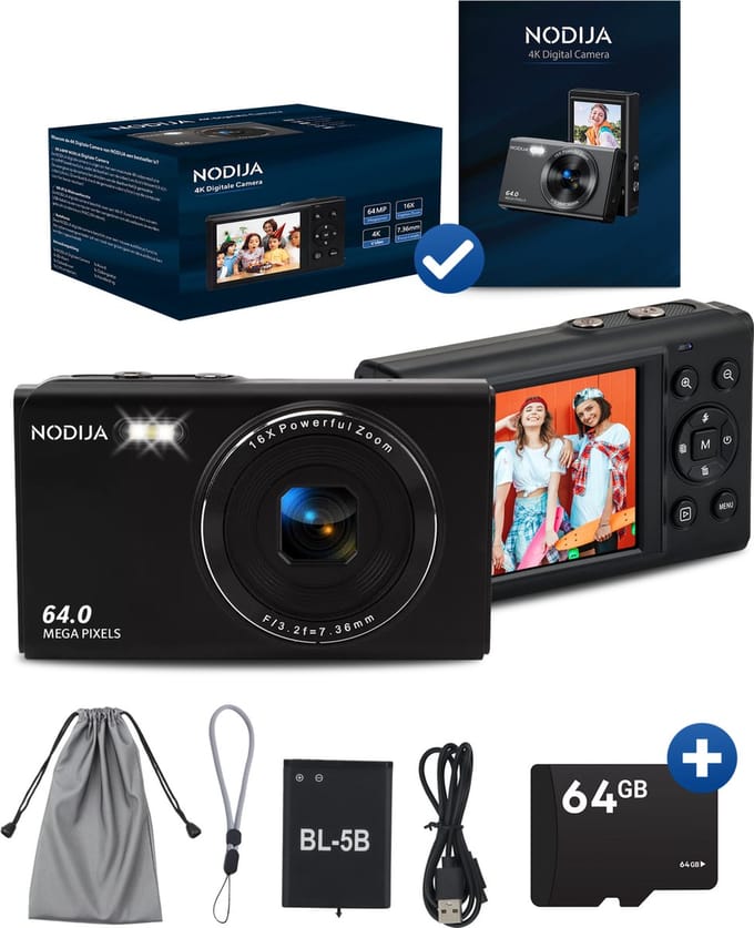 NODIJA Digitale Camera – 4K 64MP – Compact Fotocamera – Fototoestel