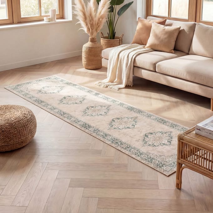 Fraai Vintage loper - Spring Medaillon Creme/Groen - 80x300cm