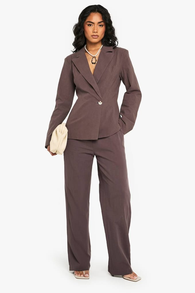 boohoo Dames Linnen Getailleerde Wikkelblazer | Chocoladebruin | Maat: 34