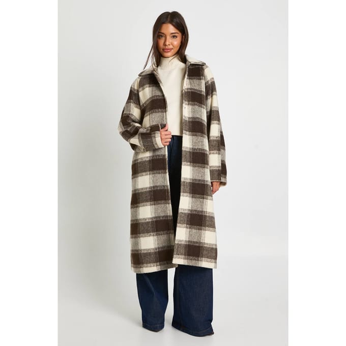 boohoo Dames Oversized geruite wollen look coat | Brown | Maat: 8