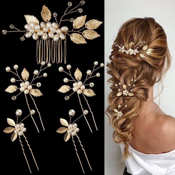 Haarspelden Set - Haaraccessoires Bloem - Bruiloft Feest - Gouden Blad Design - 5 Stuks - Goud