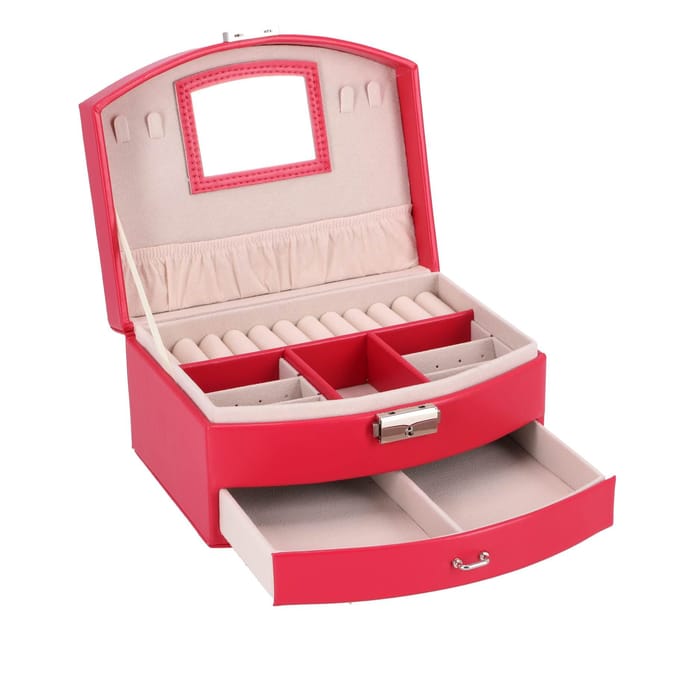 Juwelenbox deluxe roze sieradendoosje met spiegel en lade.