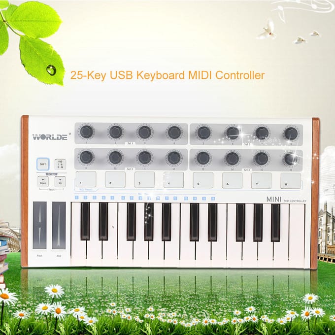 Worlde Mini contrôleur de batterie et clavier USB MIDI professionnel ultra-portable à 25 touches white