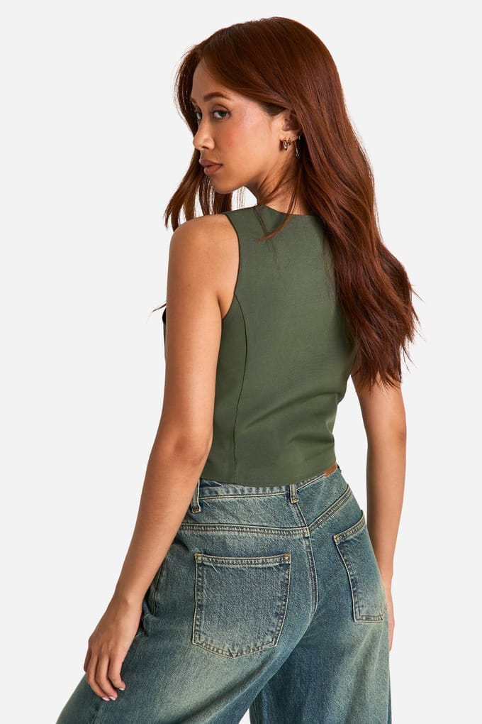 boohoo Dames Cropped vest met vierkante hals | Khaki | Maat: 6