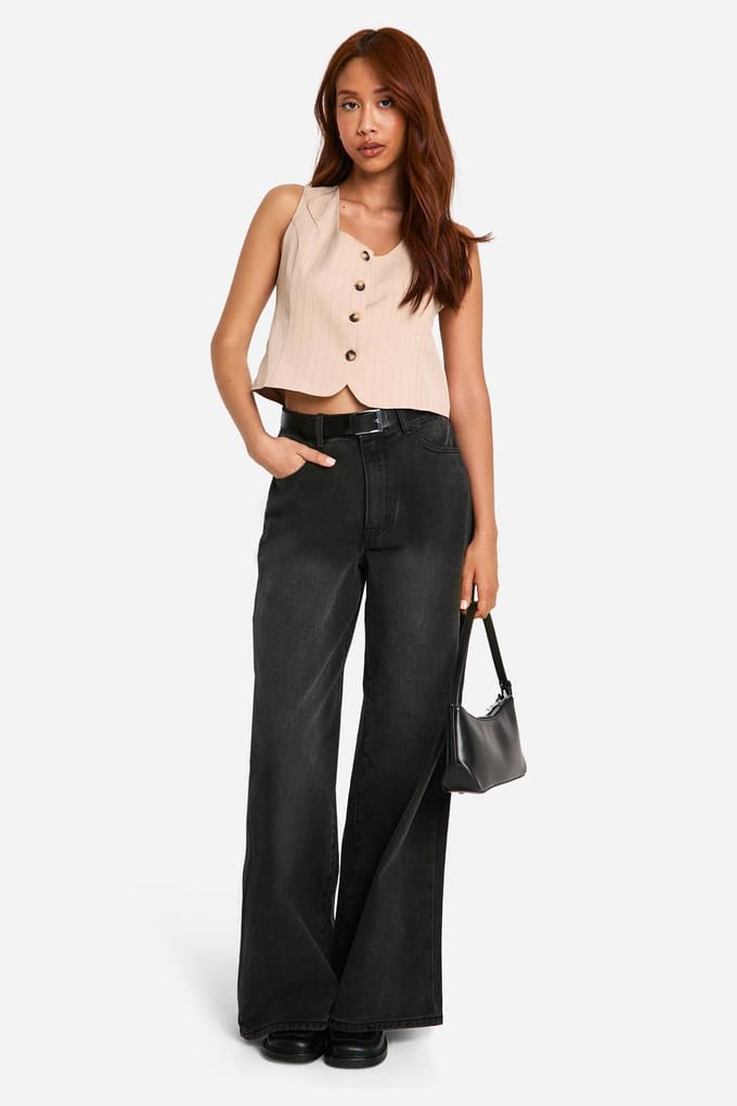 boohoo Dames Pinstripe Vierkante Hals Cropvest | Camel | Maat: 6