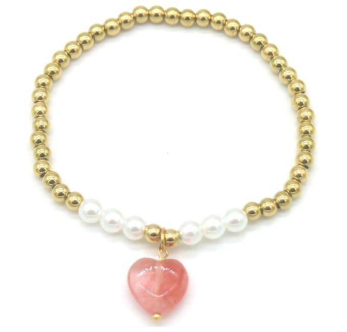 Armband - Elastisch - RVS - Goudkleurig - Hart Steen - Roze – valentijn – cadeau
