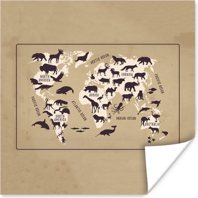 Wereldkaart Kinderen - Dieren - Bruin - 30x30 cm - Poster