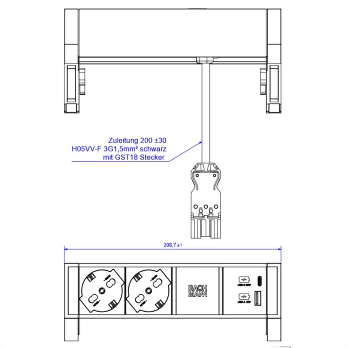 BACHMANN DESK2 2xP40 1xUSB A/C 22W, 0,2m GST18 INOX Italië