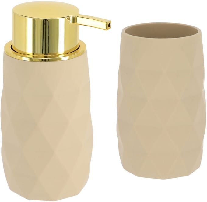 tendance Badkamer accessoire set - tandenborstelbeker en zeeppomp Diamond - beige - kunststof