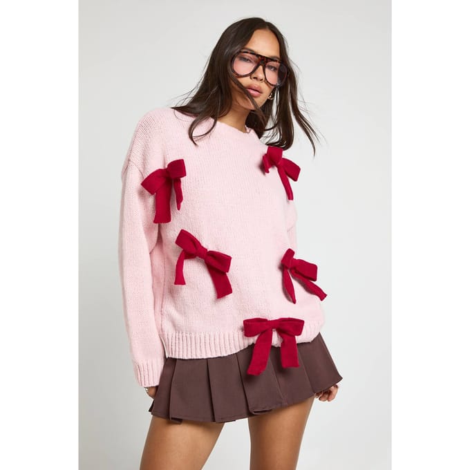 boohoo Dames Oversized chunky gebreide trui met strik | Pink | Maat: Medium