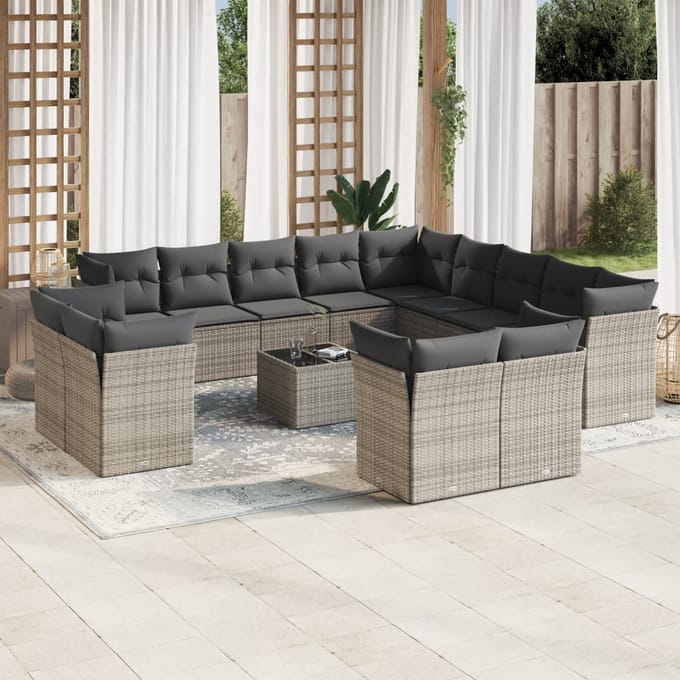 vidaXL - 14-delige - Loungeset - met - kussens - poly - rattan - grijs