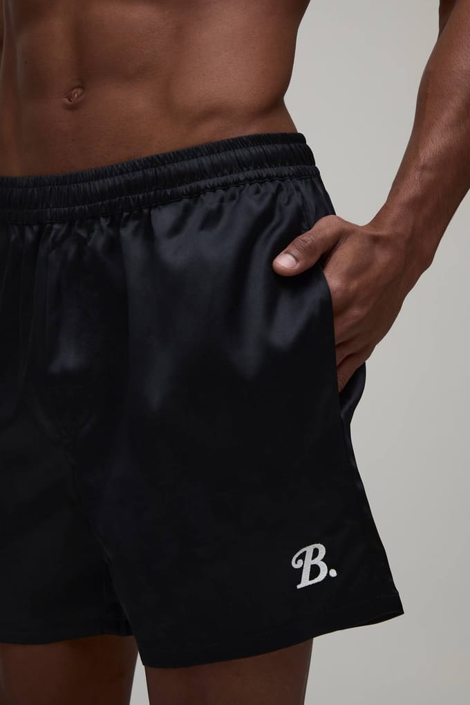 Relaxed fit Satin Boxer Style Embroidered Short | Black | Size Small