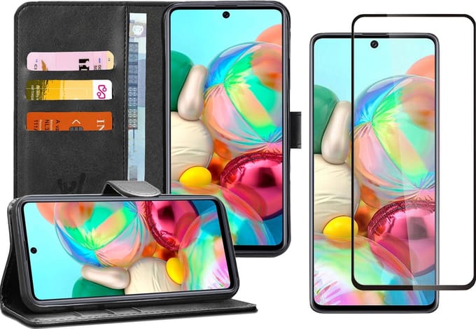 Hoesje geschikt voor Samsung Galaxy A71 - Screen Protector FullGuard - Book Case Kunstleer Pasjeshouder Zwart & Screenprotector