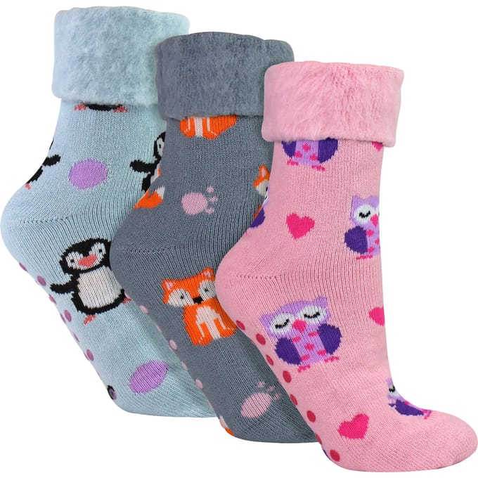 3-Pack Damesbedsokken met Grip | Schattig Dierenpatroon Geborstelde Antislipsokken