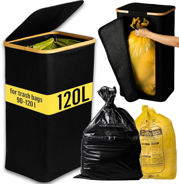 Afvalzakstandaard - Vuilnisemmer - Afvalscheiding thuis - Inklapbaar bamboeframe - 120 liter capaciteit - Zwart