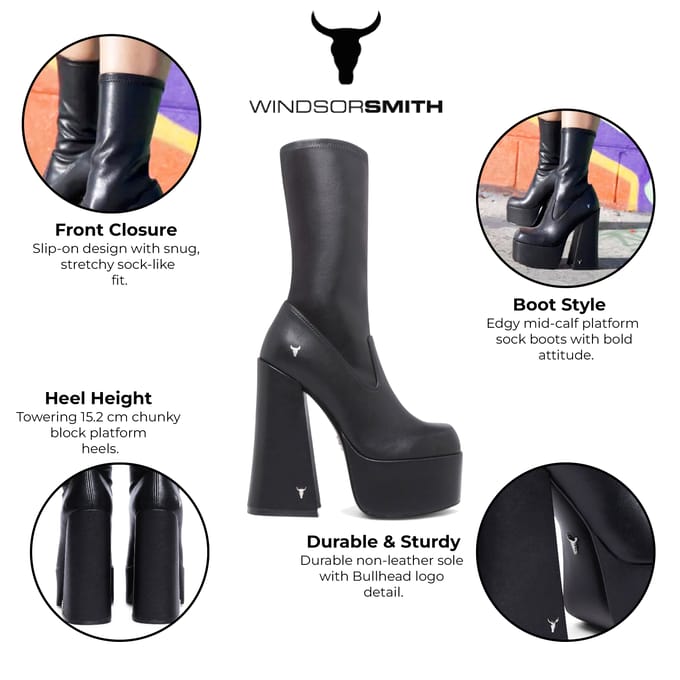 Windsorsmith Dames Zwarte Mid-Calf Sock Platform Goth Hak Laarzen - Saviour