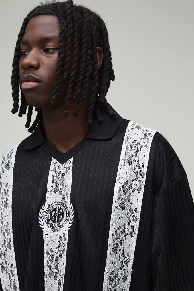 Oversized Boxy Gestreepte Top Met Kanten Paneel In Voetbalstijl | Black | Size Small